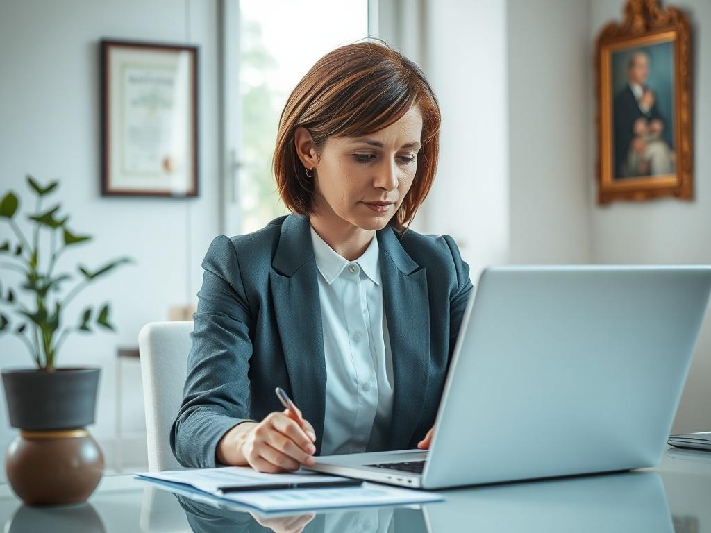 Create a highly realistic high-resolution photograph reflecting the title "L'Importance de l'Estimation Immobilière." The composition should be simple and clear, featuring a single subject: a knowledgeable real estate agent, a middle-aged woman with short brown hair, dressed in a professional outfit, sitting at a modern desk. She is intently looking at a laptop screen displaying graphs and statistics related to property values. The background should be a soft-focus home office setting, adorned with elegant decor like a potted plant, a framed certificate on the wall, and a window allowing natural light to illuminate the scene. The primary color should reflect shades of blue and white to create a calm and professional atmosphere. This image should effectively convey the importance of accurate property assessment and preparation for real estate transactions.