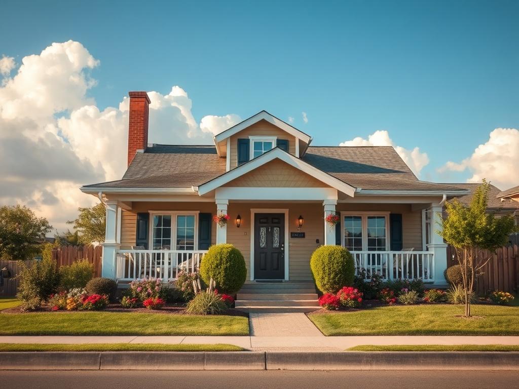Create a realistic high-resolution photo representing the title "Vente Repentigny." The composition should be simple and clear, featuring a single subject: a beautifully staged, inviting home located in Repentigny, CA. The house should be well-lit, showcasing its warm, welcoming facade with a charming front porch, lush green landscaping, and colorful flowerbeds. The background should contain a clear blue sky with soft, fluffy clouds, emphasizing a bright and cheerful day. The image should be captured with a