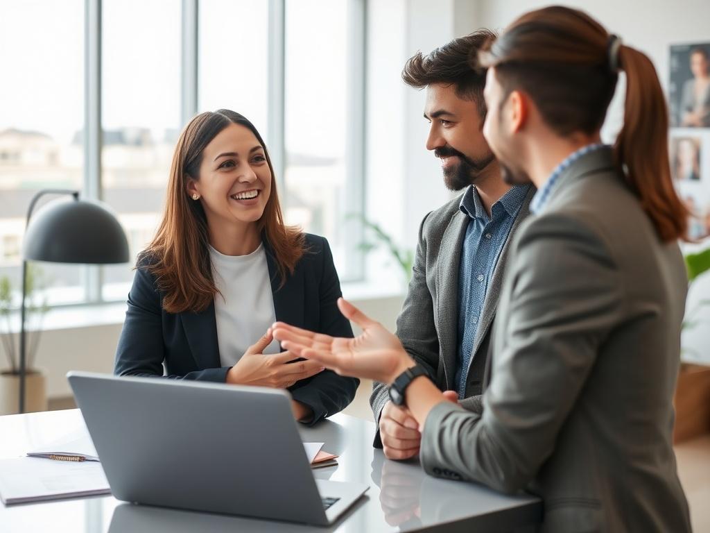 Create a highly realistic, high-resolution photograph that captures the essence of personal support in real estate brokerage, titled "L'Importance de l'Accompagnement Humain dans le Courtage Immobilier". 

**Composition**: The composition should be simple and clear, focusing on a single subject to represent the human aspect of real estate. 

**Subject Matter**: The subject should be a professional real estate agent, a woman in her mid-30s, wearing a smart and approachable outfit. She should be engaged in a 