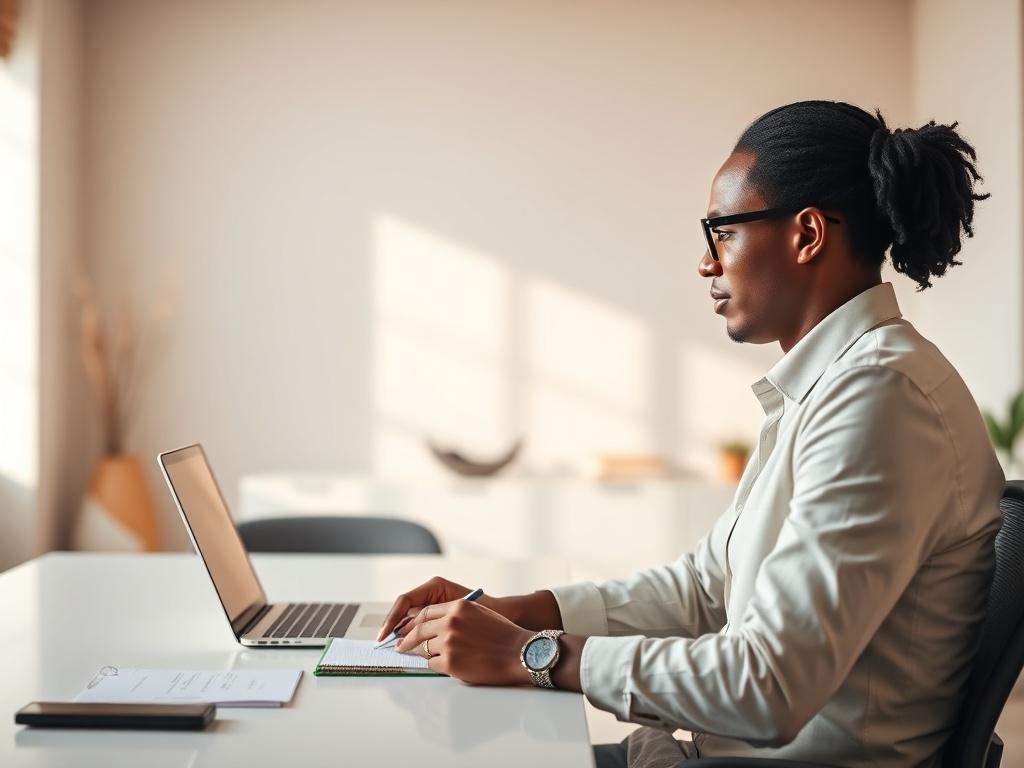 A professional business consultant sitting at a modern desk, engaged in a video consultation with a client on a laptop. The background features a minimalist office with subtle African decor. The consultant is focused and taking notes, exuding confidence and approachability. The lighting is bright, creating a warm and inviting atmosphere. The image should be high-resolution and in hyper-realistic style, shot with a 45mm f/1.2 lens.