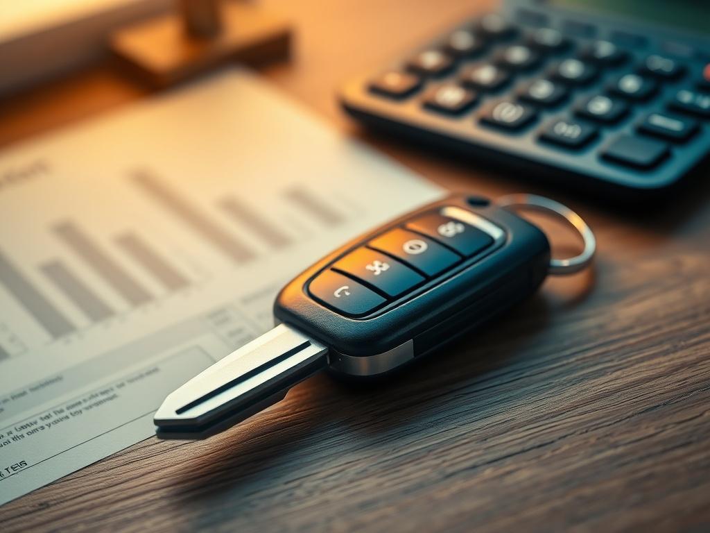 A close-up shot of a modern car key placed on a wooden desk, with a blurred background of a financial document and calculator. The lighting should be warm and inviting, highlighting the key's metallic finish and the texture of the wooden desk. The focus should be sharp on the car key, symbolizing car financing and ownership. The color scheme should incorporate shades of green to reflect the primary color rgb(115, 212, 17).