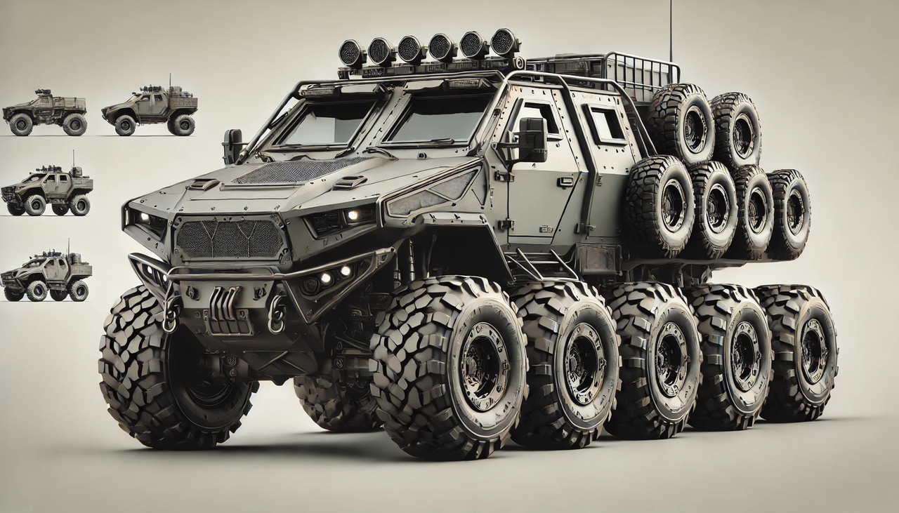 dall·e 2024-11-24 21.30.36 - a rugged 8-wheeled utility combat vehicle designed for all-terrain use. the vehicle has a compact, armored body with a sloped front for deflecting deb.webp