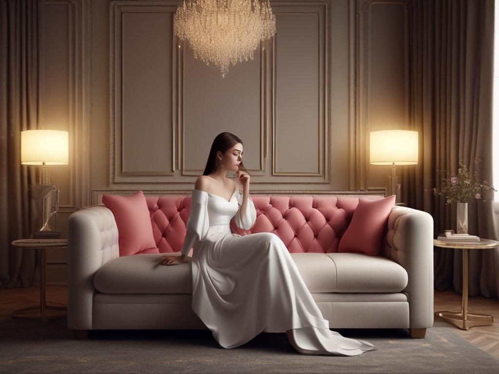 A stunning, glamorous young woman in elegant attire, sitting elegantly