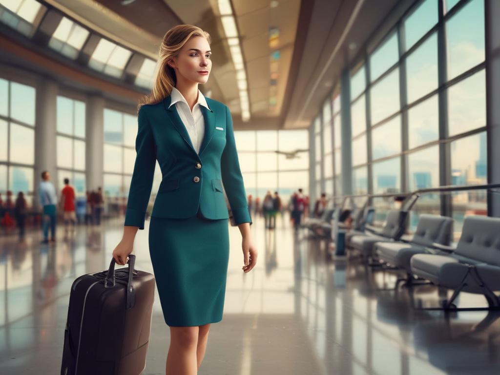 A stylish air hostess in a chic uniform, standing confidently