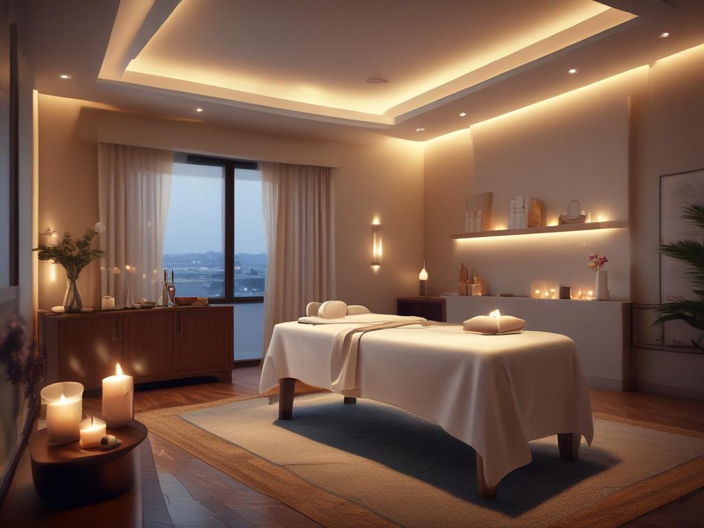 A serene setting with a luxurious massage table adorned with