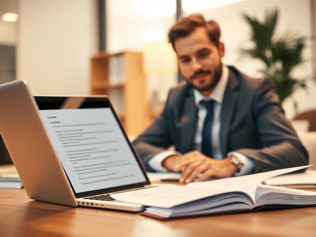 A realistic high-resolution close-up shot of a confident professional reviewing legal documents on a desk, with a laptop open displaying a polished document. The background features a softly blurred office setting, conveying a sense of professionalism and focus. The lighting is warm and inviting, creating an approachable atmosphere, while the primary color #CFB07C subtly accents the scene.