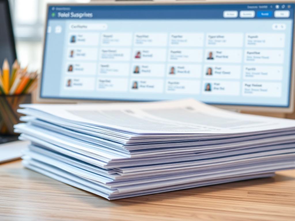 An engaging image of a stack of documents being organized on a desk. The background shows a digital interface representing a subscription service, highlighting the ease of accessing multiple document polish services.