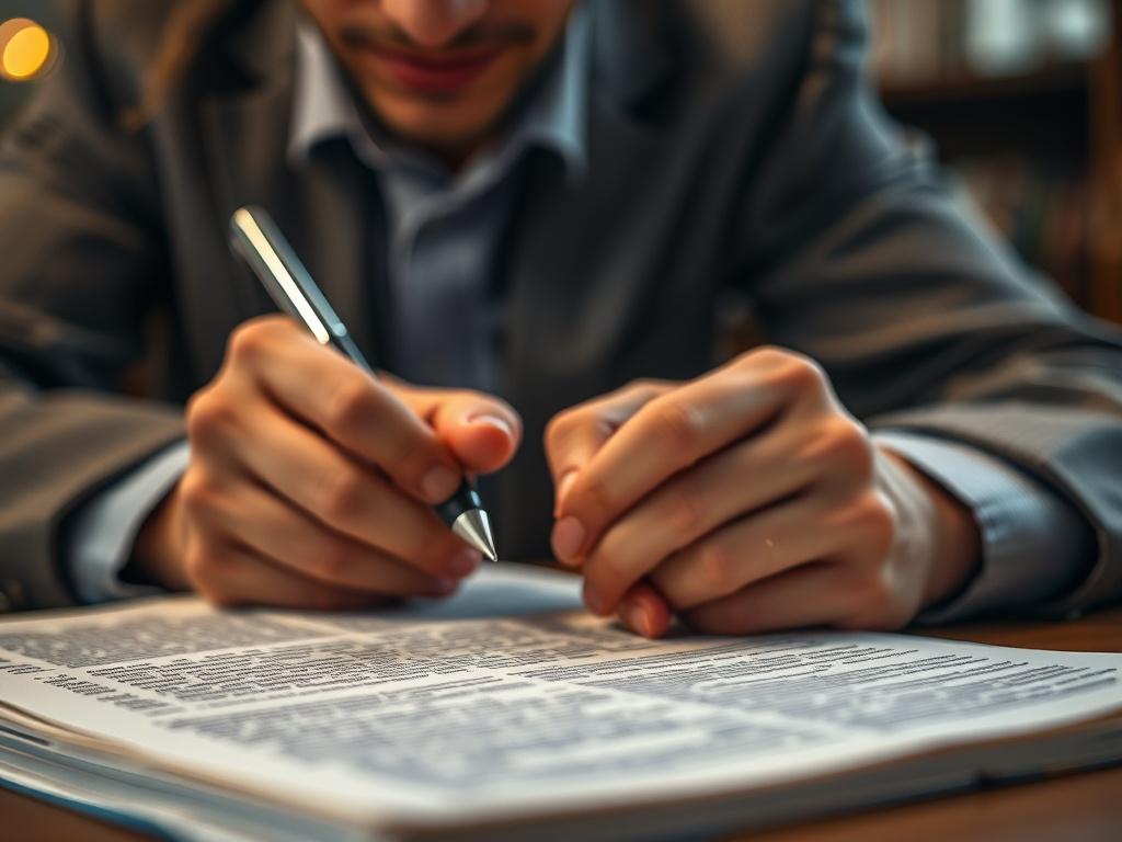 A close-up shot of a person reading a manuscript with a pen in hand, focused on making notes. The background is softly blurred to emphasize the document in front. The lighting is warm and inviting, highlighting the details of the text and the person's expression of concentration. The image should convey a sense of professionalism and diligence.