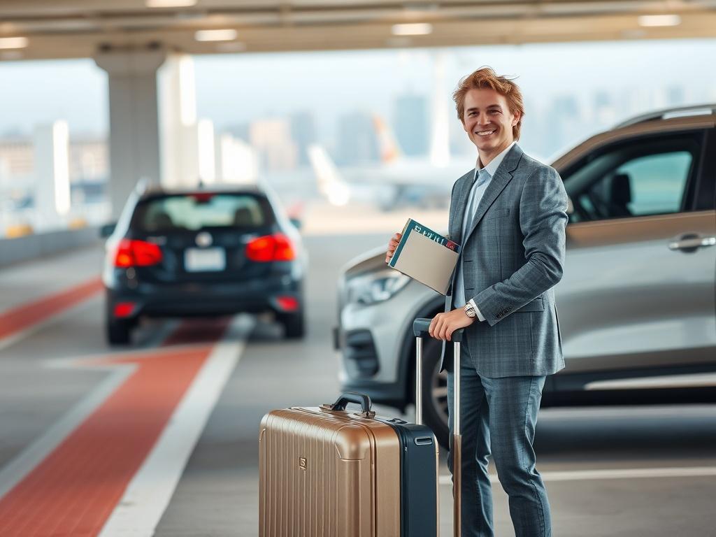 **AI Image Generation Prompt:**

Create a realistic high-resolution photo that captures the essence of maximizing travel experiences with Elevate Parking. The composition should be simple and clear, featuring a single subject: a well-dressed traveler standing next to a modern car in a clean, open parking area. The traveler should be smiling, holding a suitcase in one hand and a travel guidebook in the other, exuding confidence and excitement about their journey. 

In the background, there should be hints of a busy airport terminal or city skyline to signify travel, with soft bokeh effects to keep the focus on the traveler. The environment should be well-lit, showcasing a bright, cheerful day, enhancing the positive emotions tied to travel. Use the primary color rgb(5, 100, 154) to subtly reflect the brand’s identity in the elements of the foreground, such as the car or suitcase accents. 

The overall feel of the image should evoke a sense of freedom, adventure, and the convenience that Elevate Parking brings to travelers, embodying the message: "Discover how Elevate Parking enhances your travel journeys."