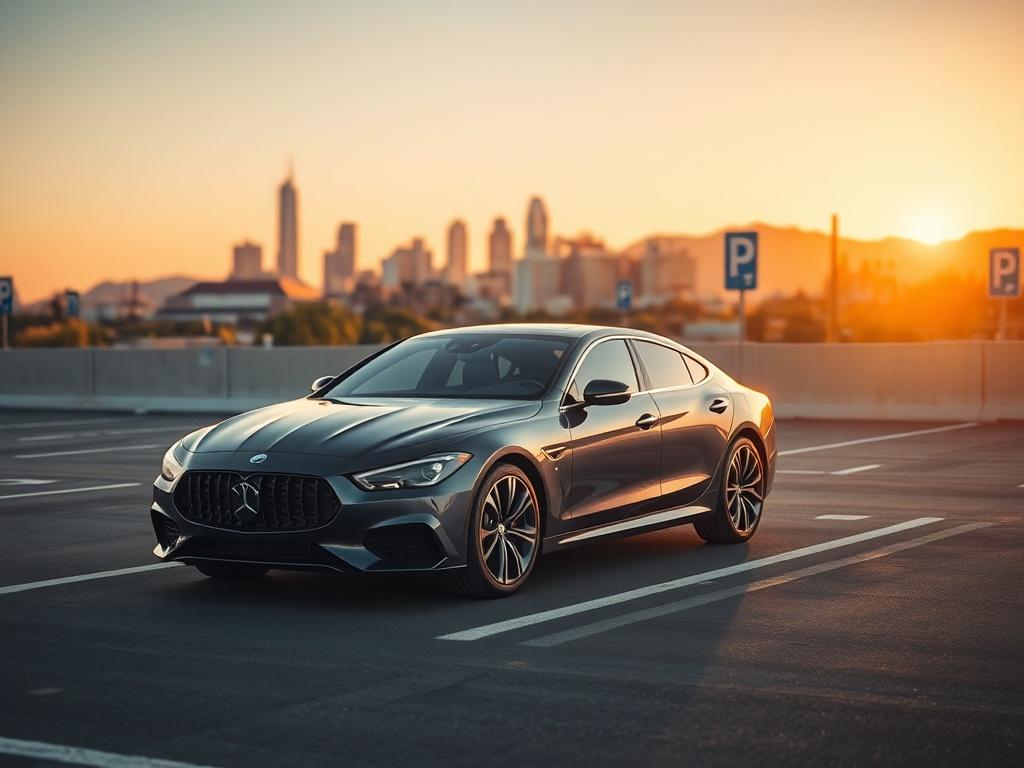 Create a realistic high-resolution photograph that encapsulates the essence of parking management in an urban setting, specifically reflecting the spirit of Phoenix. The image should feature a single, expertly parked car in a well-organized parking lot with clear markings and signs, symbolizing effective parking management strategies. 

Ensure the car is positioned centrally in the frame, showcasing its sleek lines and modern design. The background should consist of the vibrant Phoenix skyline, with a mix of contemporary buildings and iconic desert landscapes, such as cacti and mountains in the distance, illuminated by warm sunlight that highlights the unique beauty of the region. 

Use soft focus for the background to maintain a simple and clear composition while drawing the viewer's attention to the main subject—the parked car. The color palette should incorporate shades of blue and green from the signage and landscape, harmonizing with the primary color rgb(5, 100, 154). The overall tone of the image should convey efficiency, organization, and the importance of effective parking management strategies in enhancing urban mobility.