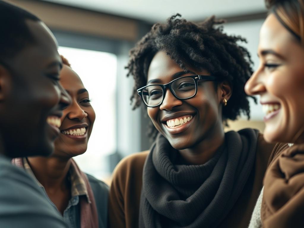 A close-up portrait of a diverse group of individuals smiling and engaged in a supportive conversation, showcasing a warm and welcoming environment. The background is softly blurred, highlighting the expressions of connection and understanding among the group. The lighting is bright and inviting, with a focus on the faces that express hope and empowerment.