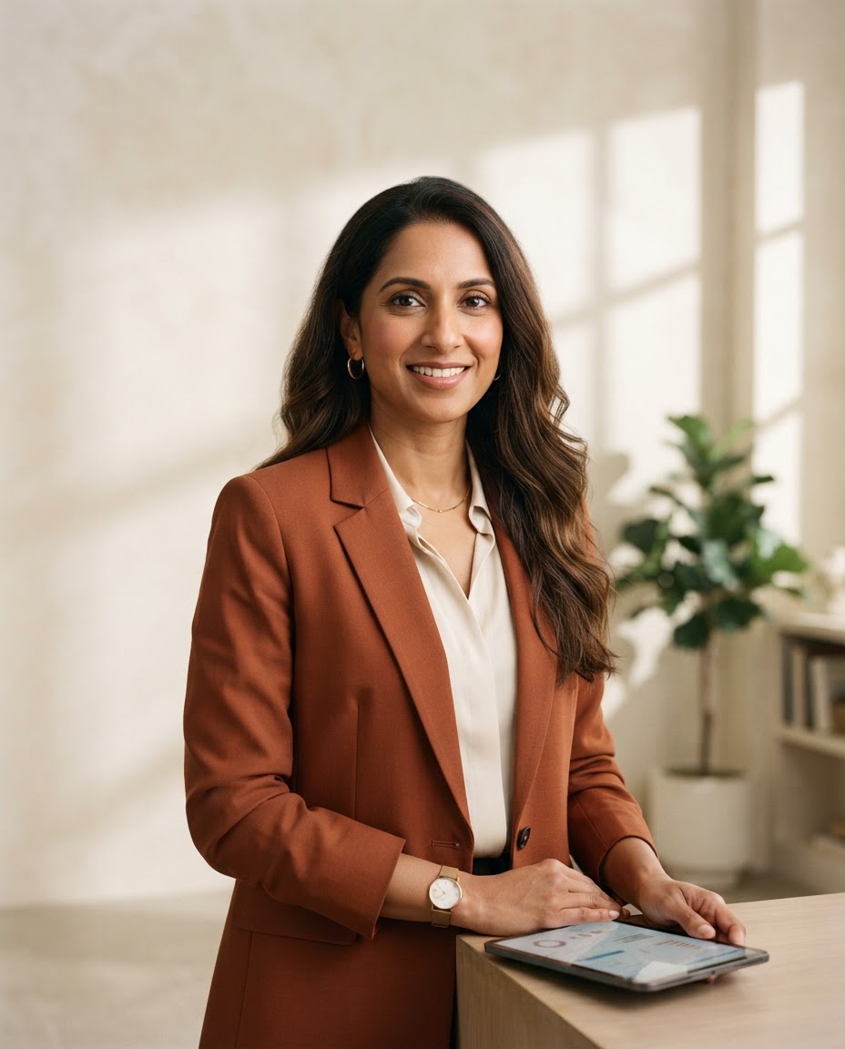 Priya Whitmore, logistics intelligence director, in a rust blazer