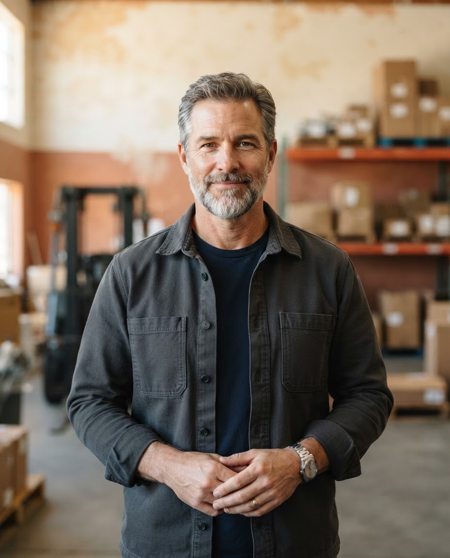 Owen Fletcher, warehouse systems director, in a dark workwear overshirt