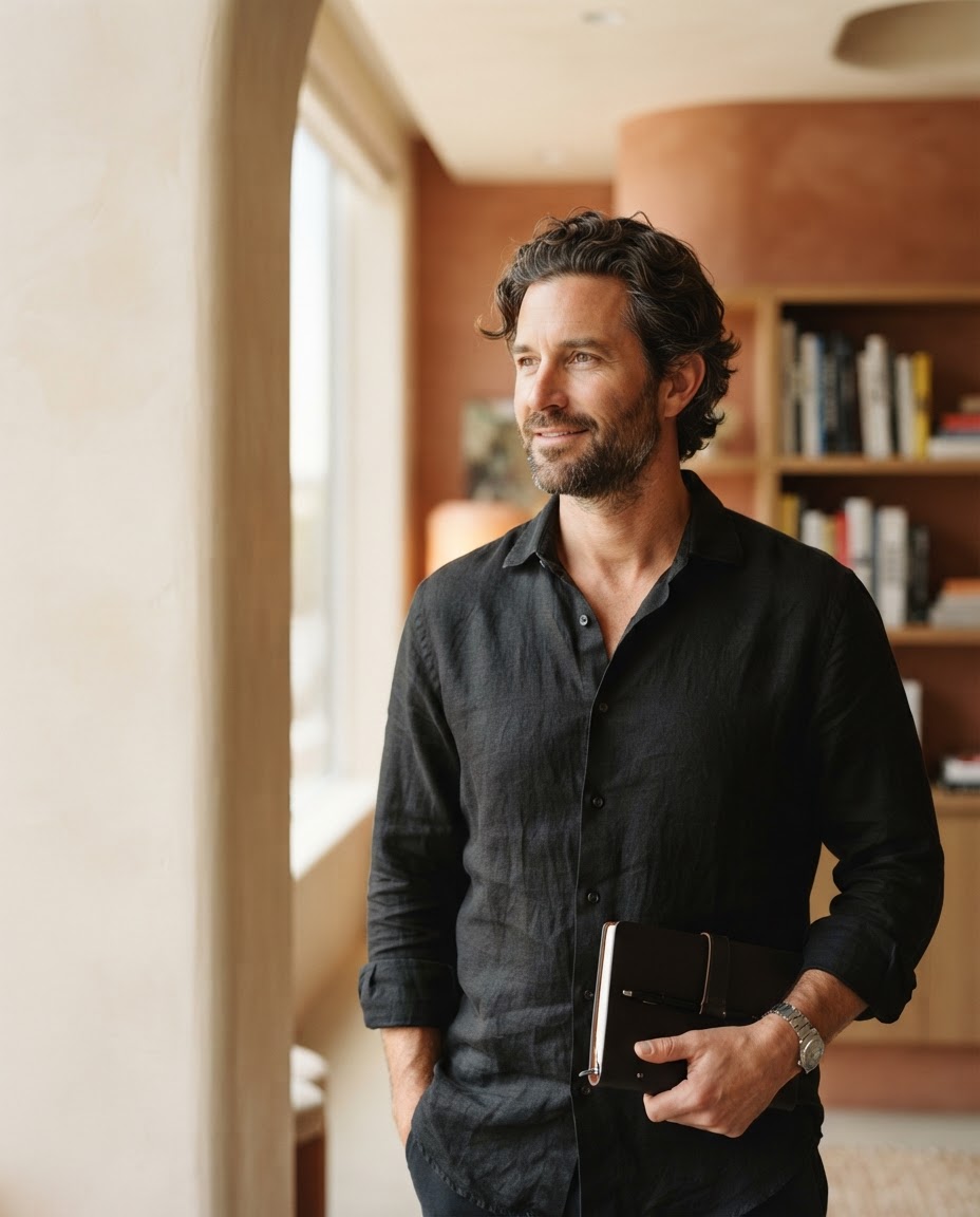 Marcus Hale, product strategist, in a dark open-collar shirt