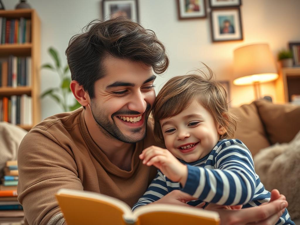 A close-up shot of a joyful parent engaging with their child in a nurturing environment. The setting is warm and inviting, showcasing a cozy living room filled with books and family photos. The parent is smiling, creating a moment of connection with the child who is playfully interacting. The lighting is soft and natural, emphasizing the loving atmosphere of the home.