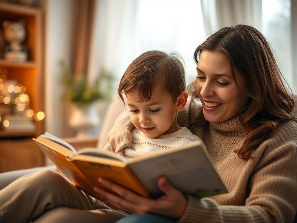 A hyper-realistic close-up shot of a warm and inviting family scene, capturing a parent and child engaged in a loving activity, such as reading a book together. The background should be softly blurred to emphasize their connection, with a cozy home setting featuring warm lighting and gentle colors that evoke a sense of comfort and security. The image should be taken with a 45mm f/1.2 lens to create a beautiful bokeh effect.