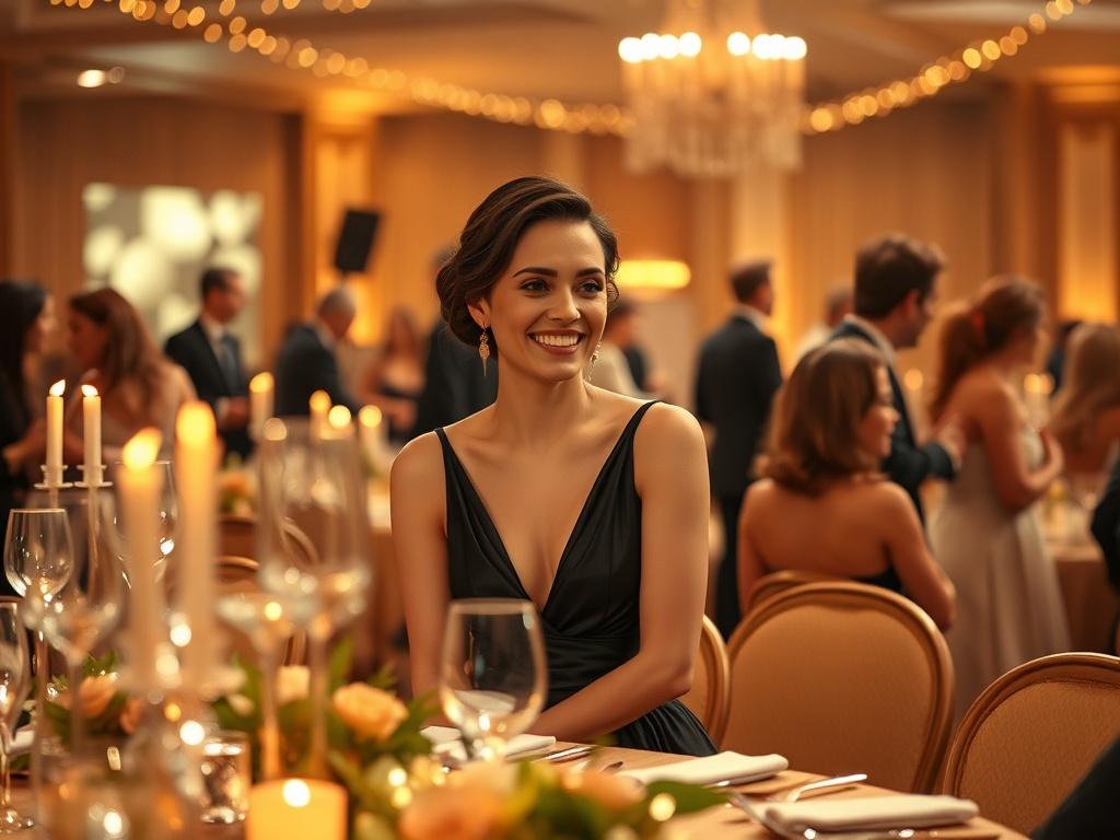 A warm and inviting gala setting, featuring a beautifully decorated table with golden hues and soft lighting. The focus should be on a single elegant female figure, dressed in formal attire, smiling and interacting with guests. In the background, soft, blurred images of attendees enjoying the event, creating a serene and celebratory atmosphere.