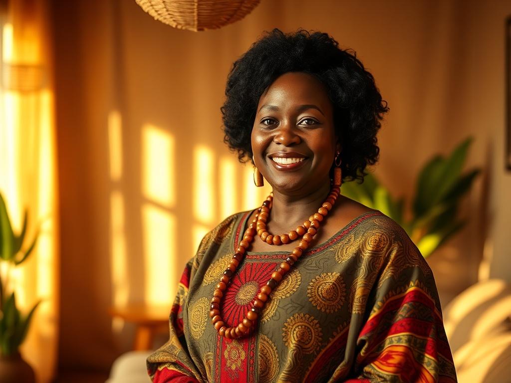 A realistic high-resolution photo of a confident Congolese woman in a cozy, golden-hued setting. She is standing with a warm smile, wearing traditional Congolese attire, reflecting empowerment and leadership. The background is softly lit, creating a serene atmosphere, with subtle hints of cultural elements in the decor.