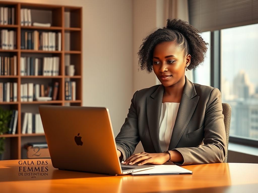 A professional woman sitting at a desk in a well-lit office, exuding confidence and authority. She is in her mid-30s, of African descent, dressed in a smart business suit, and looking at a laptop. The background features bookshelves filled with financial literature and a window showing a cityscape. The lighting is soft and warm, creating a cozy atmosphere. The overall color scheme includes golden hues to match the Gala des Femmes de distinction branding.