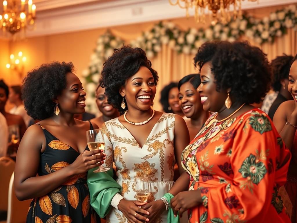 A warm, inviting gala setting with soft golden lighting, showcasing a diverse group of Congolese women celebrating together. The atmosphere is serene and joyful, with elegant decorations in the background. The women are dressed in beautiful, colorful outfits, reflecting their cultural heritage. The focus is on their smiling faces as they share stories and laughter, creating a sense of community and empowerment.