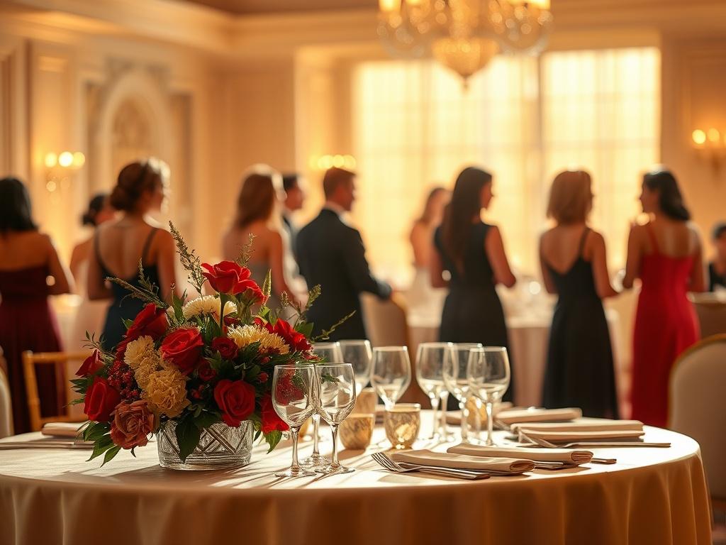 A warm and inviting gala setting, featuring a single elegant table adorned with beautiful floral arrangements in shades of red and gold. Soft lighting creates a serene atmosphere, highlighting the elegance of the event. In the background, blurred silhouettes of women in formal attire, engaged in lively conversation, evoke a sense of community and celebration.