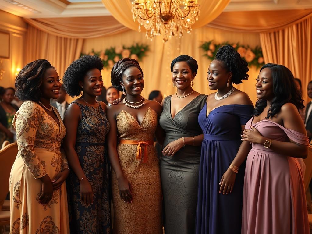 A cozy and elegant gala scene with a diverse group of Congolese women dressed in beautiful formal attire, celebrating together. The background should feature soft golden hues, warm lighting, and a serene atmosphere, with decorations that reflect cultural elements. The focus should be on the women, showcasing their joy and pride in their achievements.