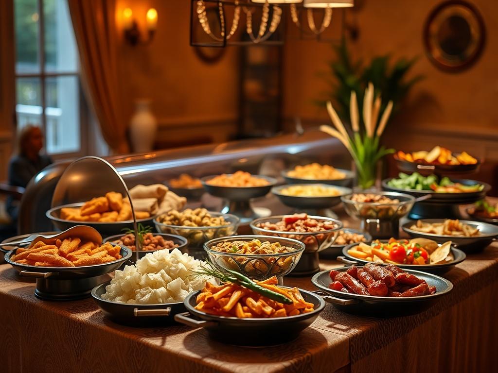 A beautifully arranged buffet table showcasing a variety of Congolese