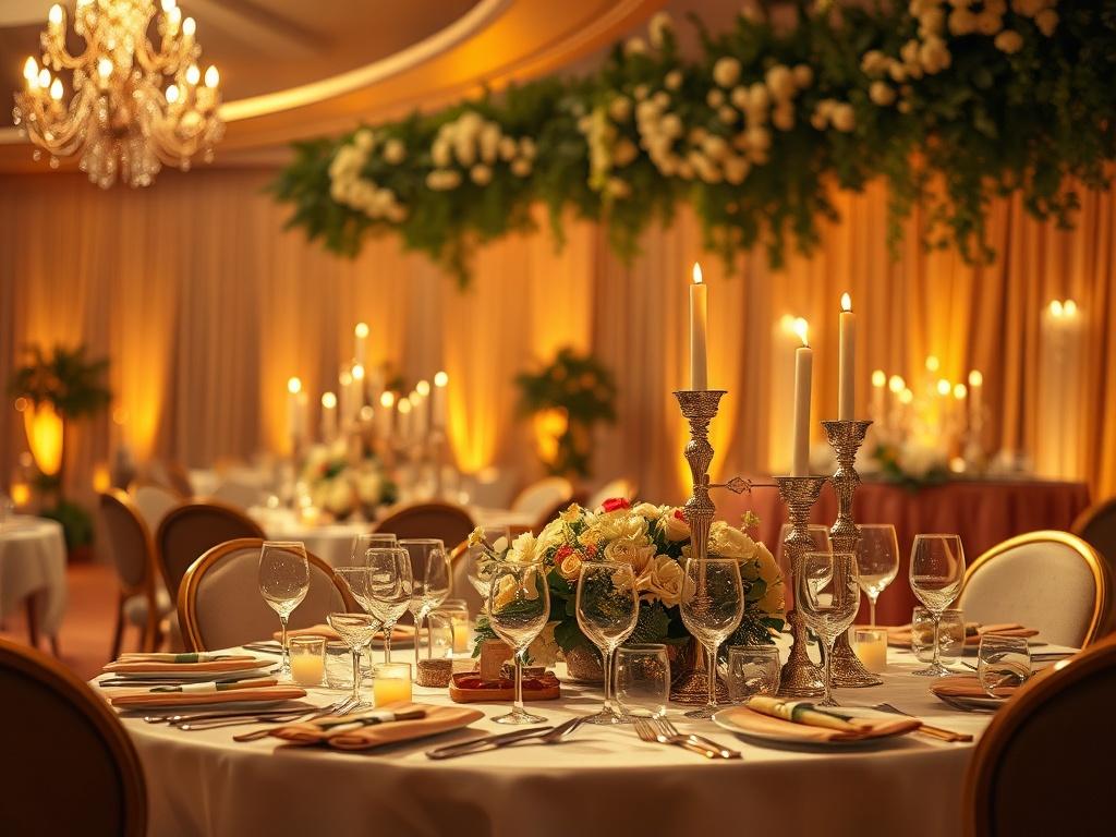 A cozy, elegant event setting with golden hues, featuring a
