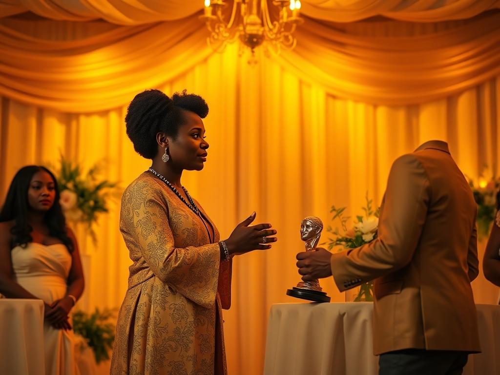 An elegant award ceremony scene, featuring a Congolese woman receiving