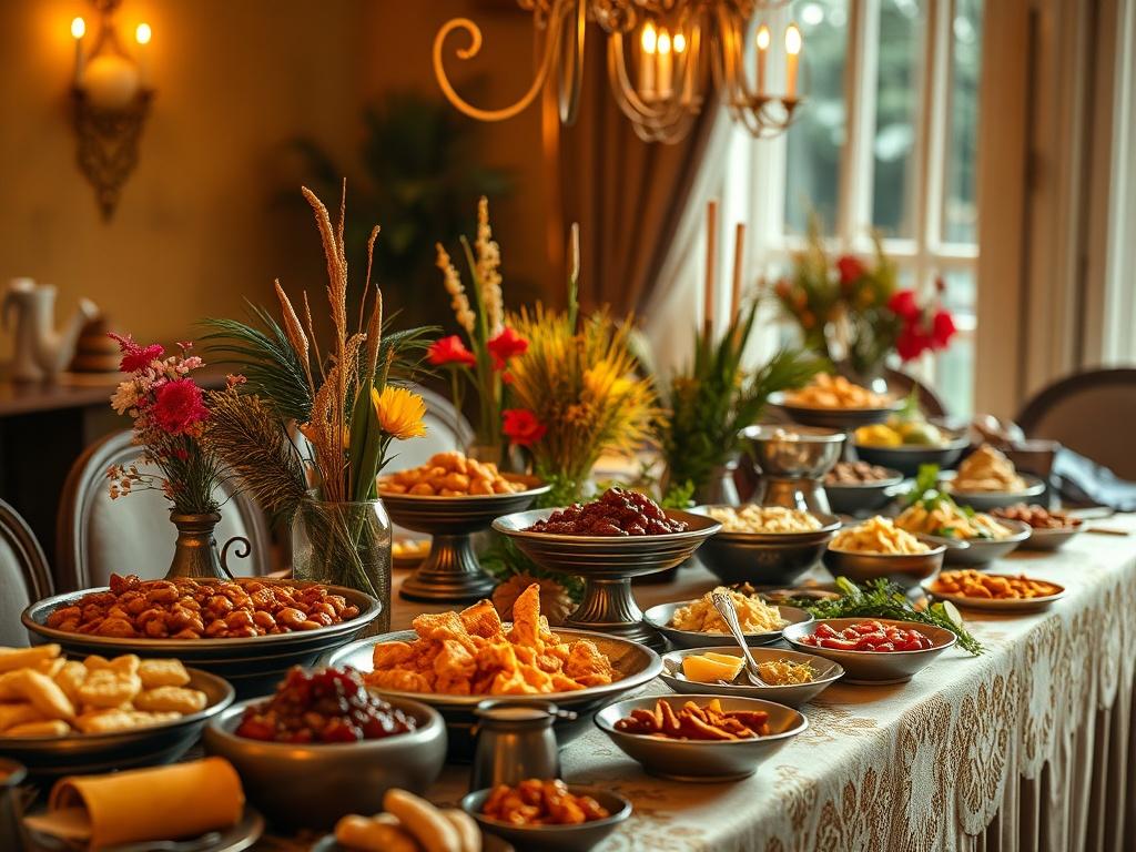 Design a high resolution of a beautifully arranged buffet table