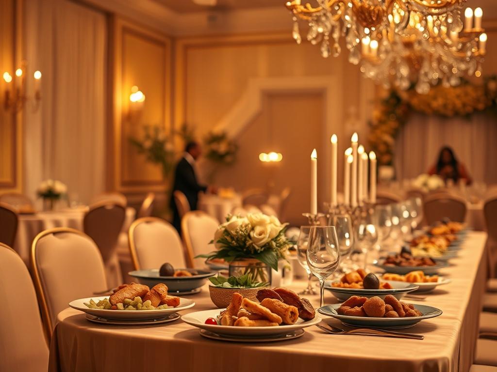 A warm, inviting gala setting with soft lighting. The focus is on a beautifully decorated banquet table filled with cultural dishes representing Congolese cuisine. In the background, there are elegant decorations, and a subtle ambiance of celebration. The color palette emphasizes golden hues to create a serene atmosphere, highlighting the importance of the event. The scene captures the essence of a prestigious gala honoring distinguished women.