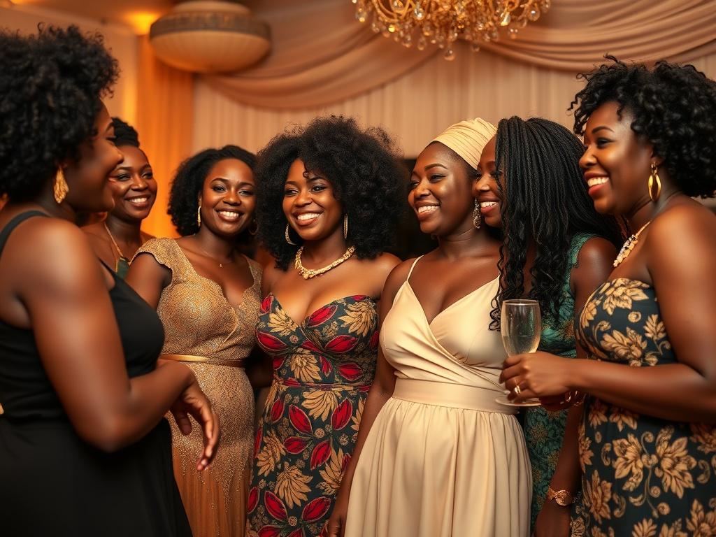 A warm and inviting gala scene featuring a group of diverse Congolese women dressed elegantly, smiling and interacting joyfully. The background shows soft golden lighting with decorations typical of a cultural celebration. The atmosphere is serene and celebratory, capturing the essence of empowerment and resilience among women.