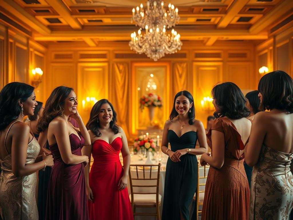A high-resolution image of a beautifully decorated gala hall with soft golden lighting. In the foreground, a diverse group of women in elegant evening dresses is engaged in warm conversation, showcasing joy and camaraderie. The background features an elegantly set dining table adorned with flowers and candles, creating a serene and inviting atmosphere.