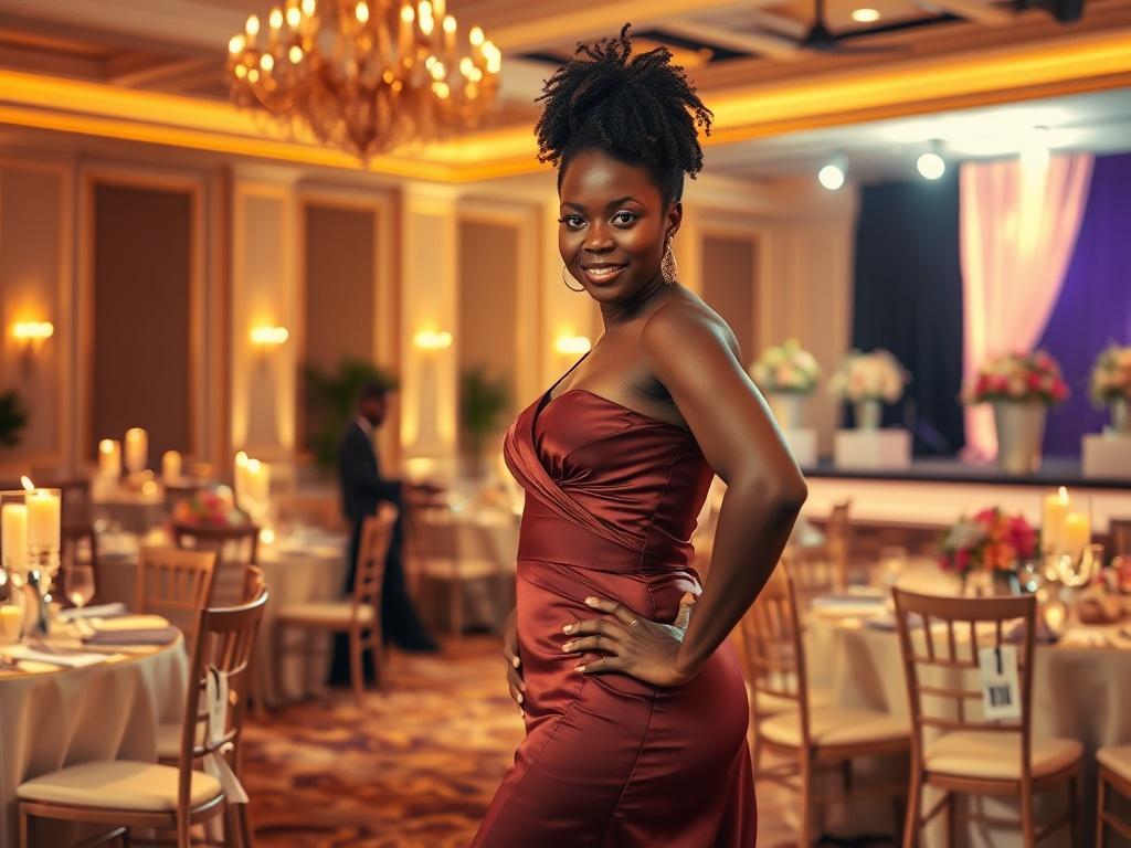 A warm and inviting gala scene, featuring a beautifully decorated hall with soft golden lighting. In the foreground, a confident Congolese woman in an elegant dress stands with a graceful pose, exuding strength and inspiration. Background elements include elegant table settings, soft floral arrangements, and a stage with a spotlight, creating an atmosphere of celebration and recognition.