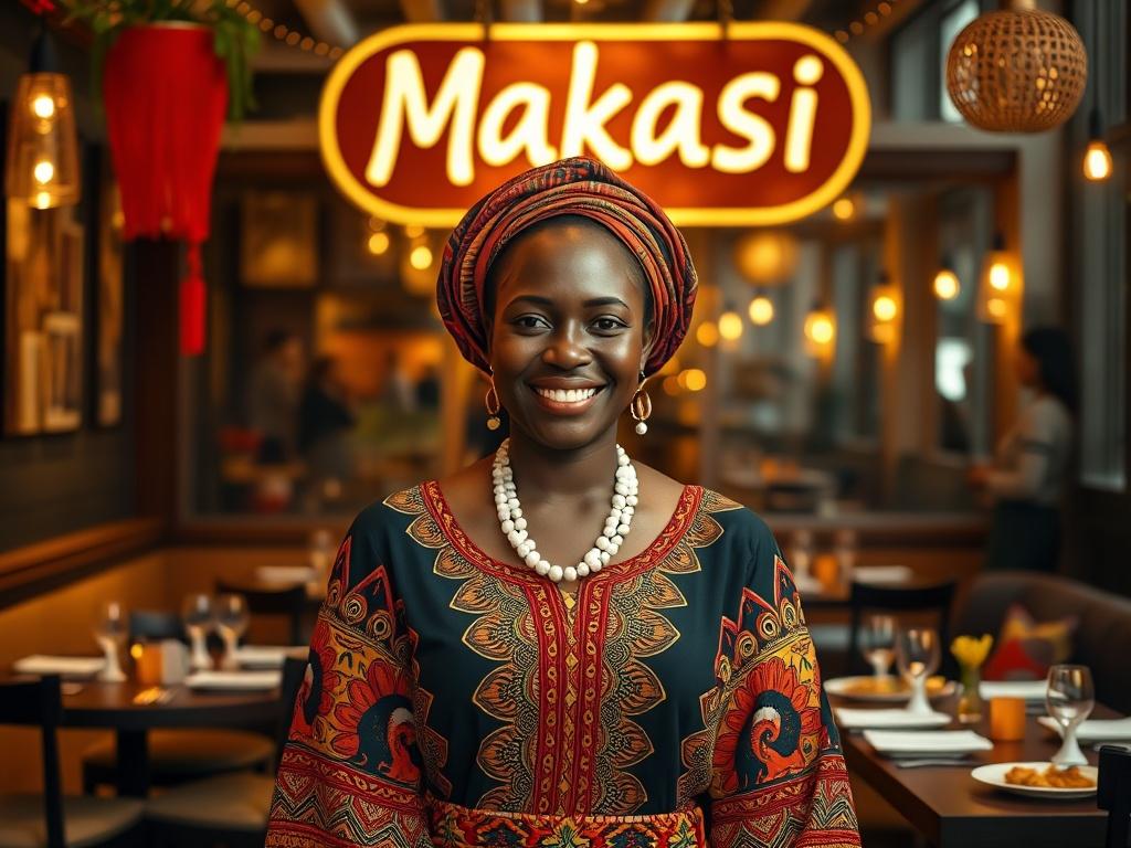 A realistic high-resolution photo of a proud Congolese woman entrepreneur standing in front of her restaurant, Makasi. She is smiling warmly, dressed in traditional African attire, and surrounded by vibrant decorations that reflect Congolese culture. The background shows a cozy restaurant interior with soft golden lighting, showcasing tables set for dining with African culinary dishes. The atmosphere is inviting and serene, embodying the essence of cultural diversity and community engagement.