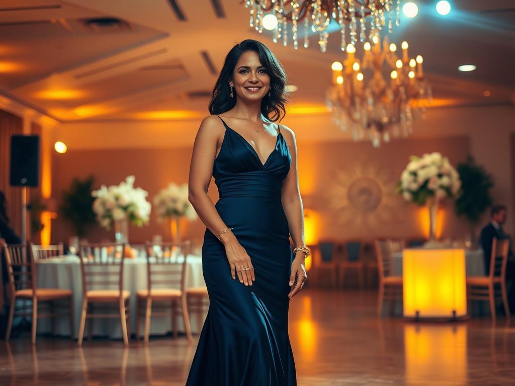 A warm and inviting gala setting, featuring a single elegant woman in a sophisticated evening gown, standing confidently with a smile. The background is softly lit with golden hues, showcasing a beautifully decorated venue with floral arrangements and subtle lighting, creating a serene and celebratory atmosphere.