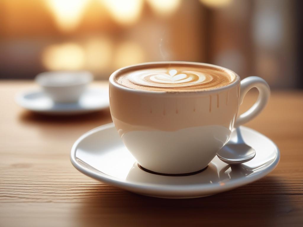 A high-resolution photo of a beautifully crafted cappuccino in a cozy cafe setting. The cappuccino should be in a white ceramic cup with intricate latte art on top, sitting on a wooden table. The background should feature warm, golden hues with soft lighting, creating a serene and inviting atmosphere.