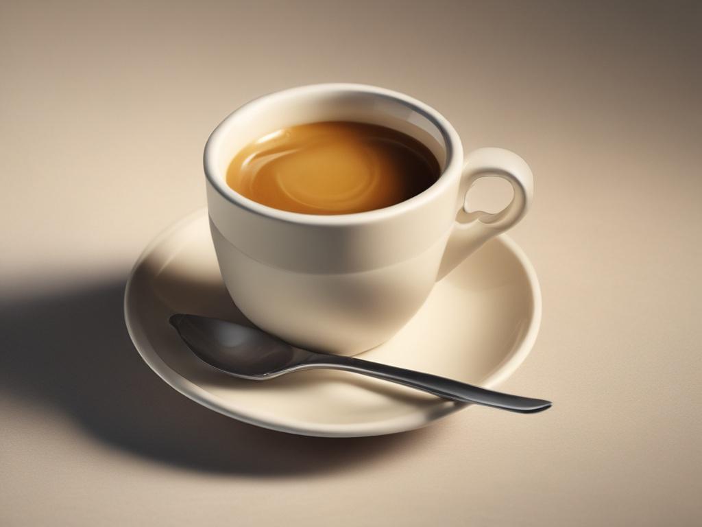 A high-resolution photo of a rich espresso shot in a small, elegant espresso cup. The espresso should have a thick crema on top, with a dark and glossy appearance. The setting should be warm and inviting, emphasizing the cozy cafe environment with golden hues in the background.