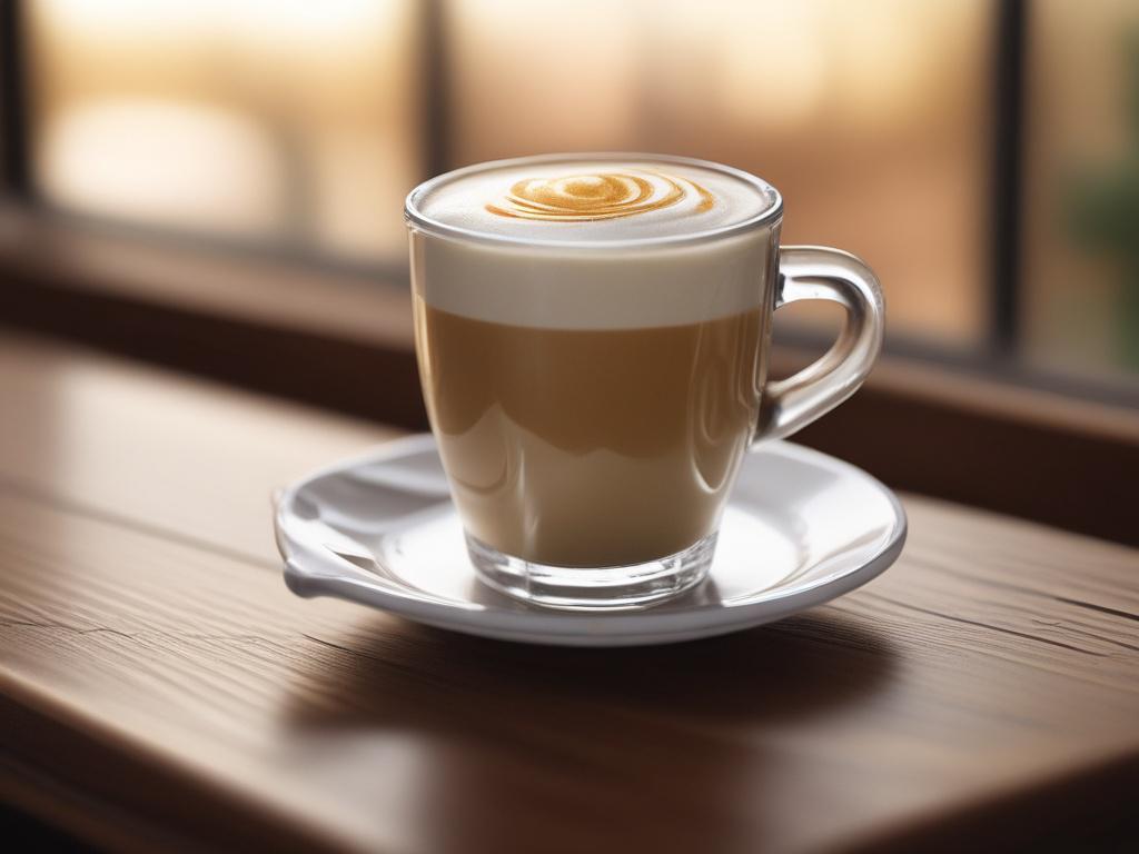 A high-resolution photo of a creamy latte in a glass cup, topped with delicate latte art. The latte should be placed on a rustic wooden table with soft, warm lighting surrounding it. The background should evoke a cozy cafe atmosphere, with hints of golden hues.