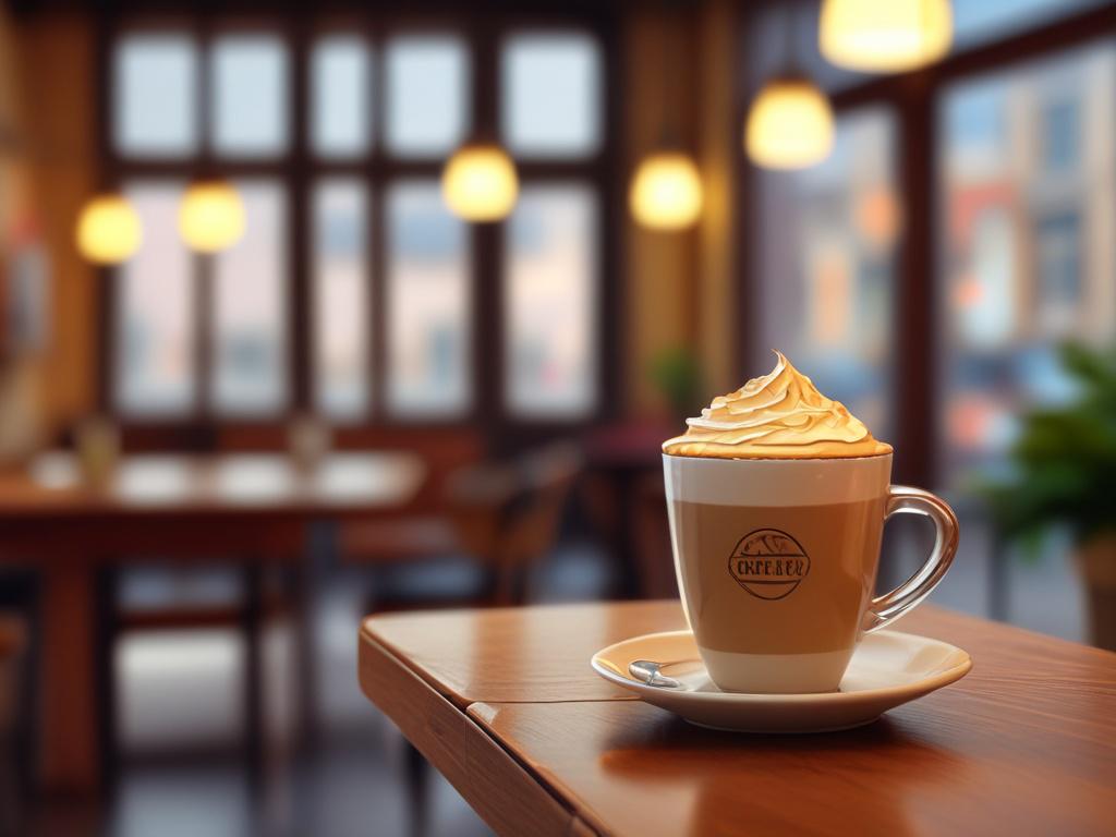 A cozy, inviting coffee shop interior with soft golden lighting