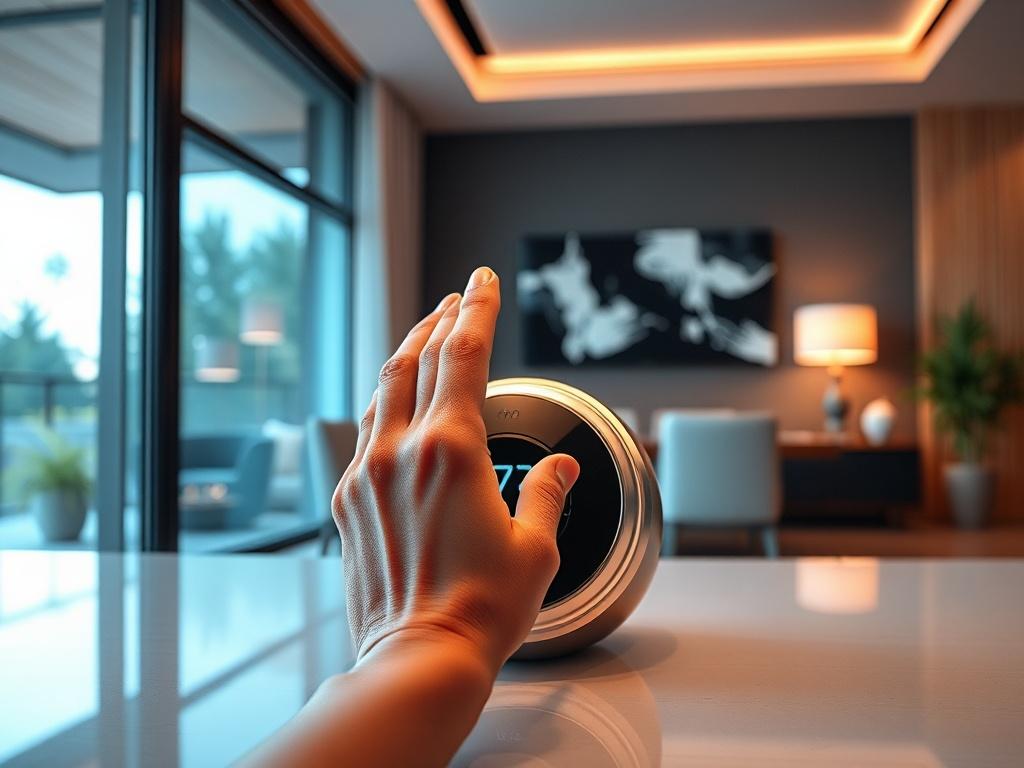 **AI Image Generation Prompt:**

Create a realistic high-resolution photo that embodies the theme of "5 Ways Smart Technology Is Transforming Modern Homes." 

**Composition:**

- **Single Subject:** Feature a modern smart home device, such as a sleek smart thermostat or an advanced smart speaker, prominently in the center of the image.
  
- **Focus:** Ensure the device is the focal point, with clean lines and minimal distractions to highlight its design and technology.

**Subject Matter:**

- **Smart Device