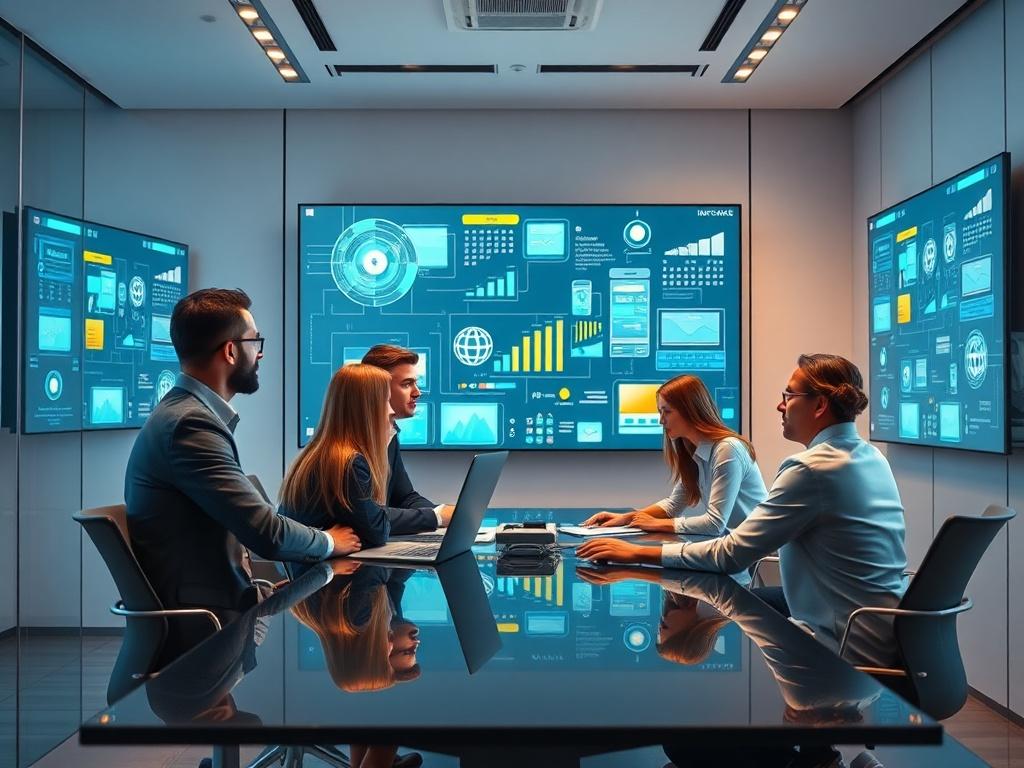 A realistic high-resolution photo of a diverse team of professionals collaborating on a digital strategy in a modern conference room. The environment should feature digital screens displaying innovative concepts and strategies, emphasizing the importance of strategic innovation.