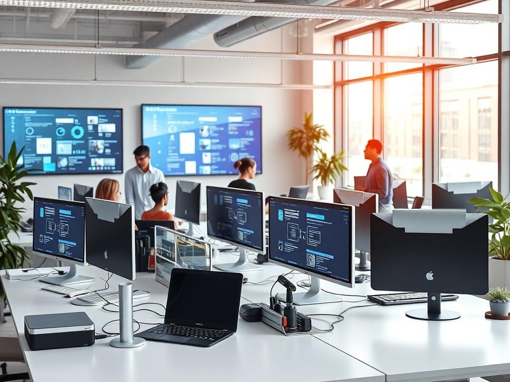 A realistic high-resolution photo of a modern office workspace, featuring various interconnected devices such as computers, IoT devices, and smart displays. The scene should illustrate a collaborative environment with people engaging with technology, showcasing the benefits of seamless tech integration.