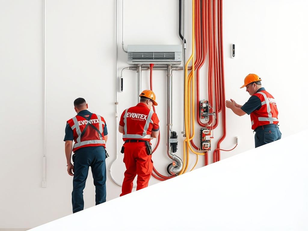 A realistic high-resolution photo of EVONEX technicians working on residential plumbing, air conditioning, and electrical services. The image captures the technicians in action, showcasing teamwork and professionalism, with a clean and minimalistic background. The color palette includes vibrant red, gold, and white, emphasizing the reliability and expertise of the EVONEX brand.