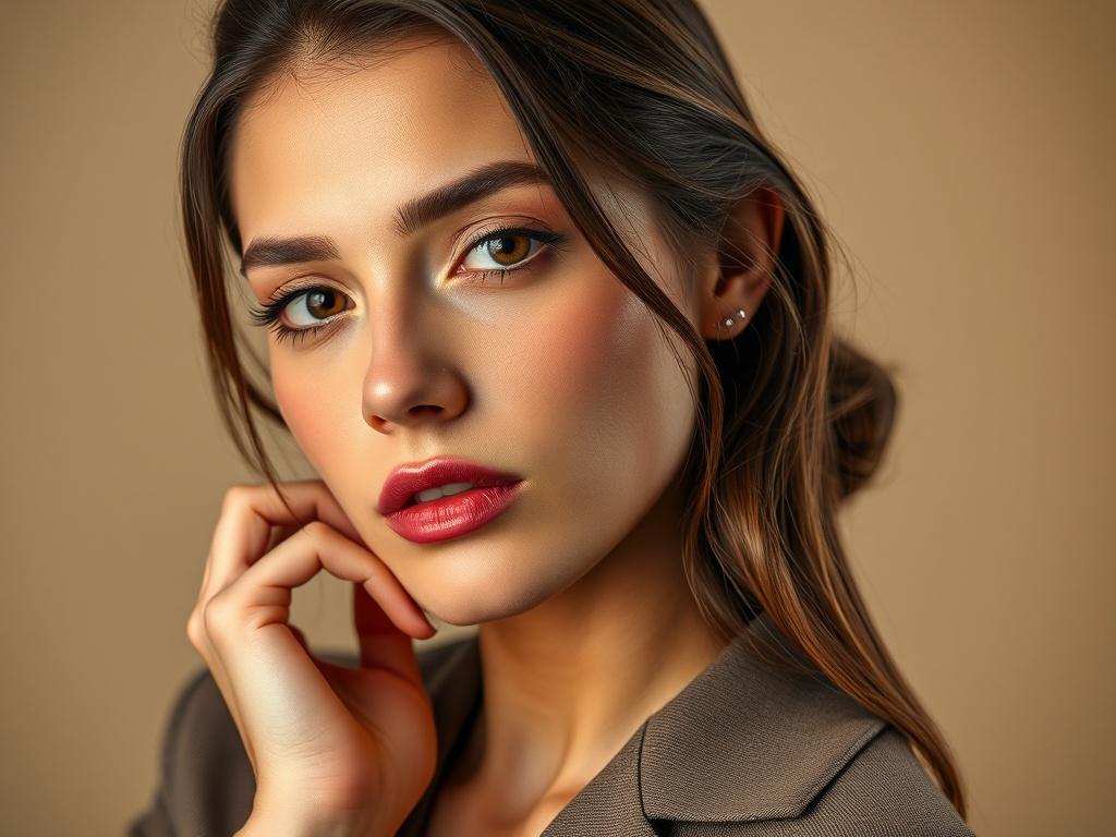 A high-resolution close-up shot of a beautifully styled portrait session in a photography studio. The subject, a well-dressed model, poses elegantly against a soft, neutral background, showcasing the artistry and professionalism of the photography. Focus on the model's expression and the lighting that highlights their features in a captivating manner.