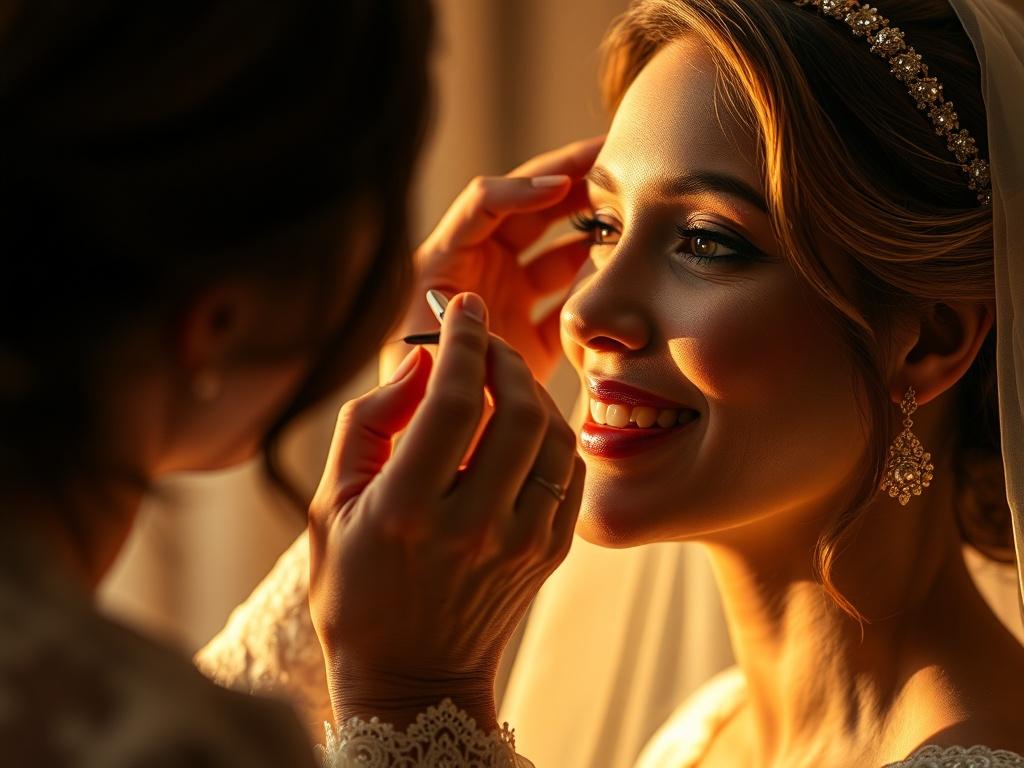 A high-resolution close-up shot of a bride getting her makeup done, with soft golden lighting illuminating her face. The makeup artist is carefully applying the final touches, capturing the anticipation and joy of the moment. The background should be soft and elegant, enhancing the bridal atmosphere.