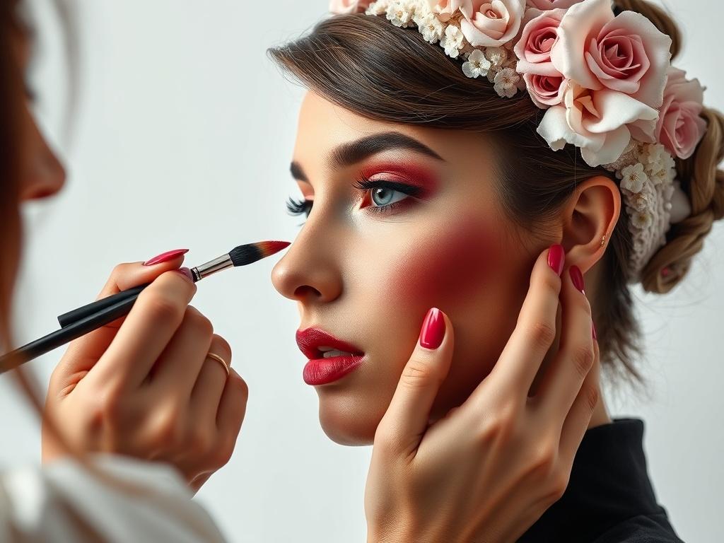 A high-resolution close-up shot of a makeup artist applying makeup on a model's face, with soft white and elegant gray backgrounds. The focus is on the artist's hands and the makeup products, capturing the essence of beauty and professionalism. The image should feel sophisticated, showcasing vibrant colors of the makeup being used.