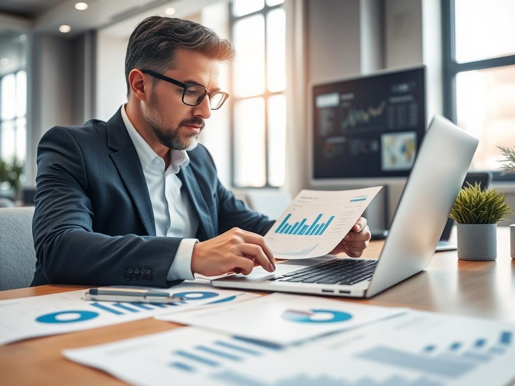 A close-up shot of a professional consultant analyzing data on a laptop, surrounded by charts and graphs on the table. The background should be a modern office setting with natural light coming from a window. The consultant is focused and engaged, reflecting a sense of expertise and professionalism. The primary color of the image should be compatible with rgb(2, 86, 197).