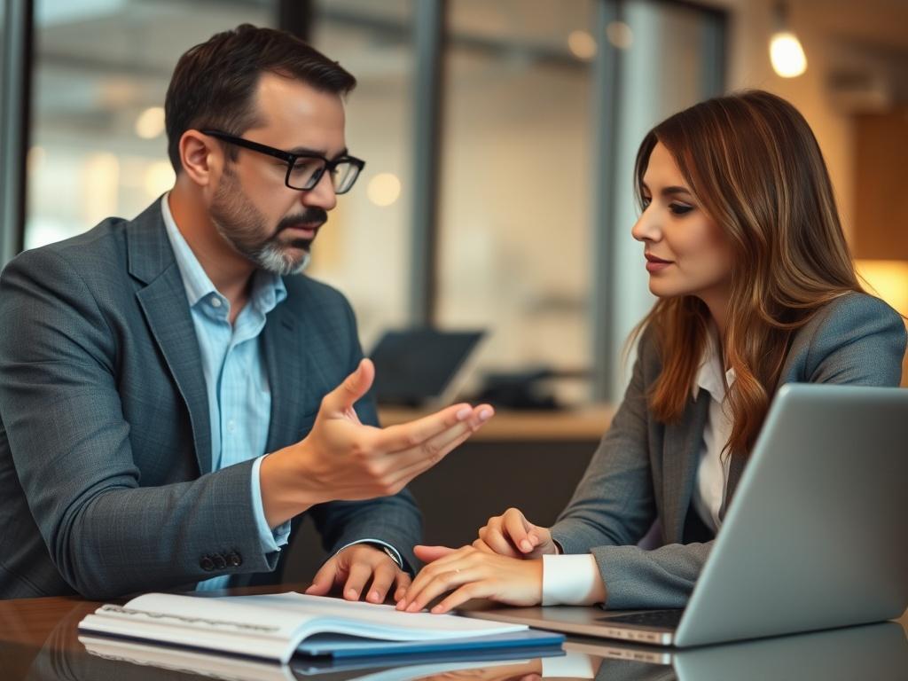 A close-up shot of a professional business consultant engaged in a discussion with a client in an office setting, with a notepad and laptop in front of them, showcasing a focused and productive atmosphere. The background should be softly blurred, emphasizing the interaction and collaboration between the consultant and the client, with warm lighting to create an inviting ambiance.