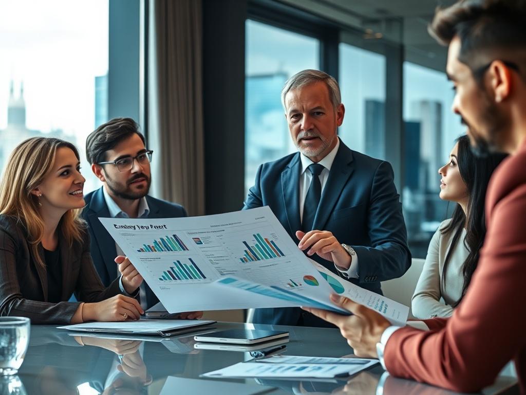 A close-up shot of an experienced business consultant presenting a detailed report to a group of engaged clients in a boardroom setting. The report should feature graphs and key insights, with a confident and professional demeanor from the consultant. The background should include a large window with a cityscape view, reflecting a high-level business environment.